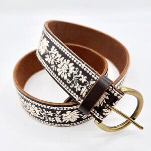 Lucky Brand Embroidered Leather Belt Small Espresso Ivory Floral Boho Western 38